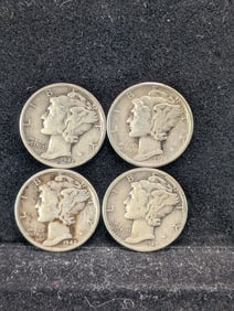 (4 Coins) 1942, 43, 44, & 45 Mercury Dimes - 90% Silver