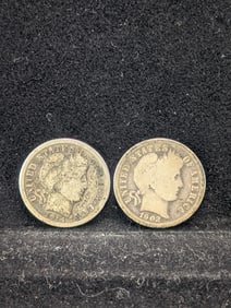 (2 Coins) 1902-S & 1914-S Silver Barber Dimes - 90% Silver