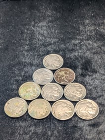 10 Buffalo Nickels Mixed Dates, Low Grade