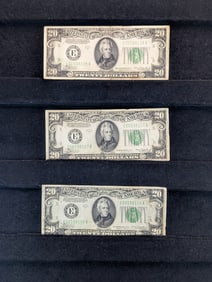 ERROR- Solvent Smear- 3-Consecutive notes- 1934-A- $ 20.00- # 2054-A- Boston- VF?