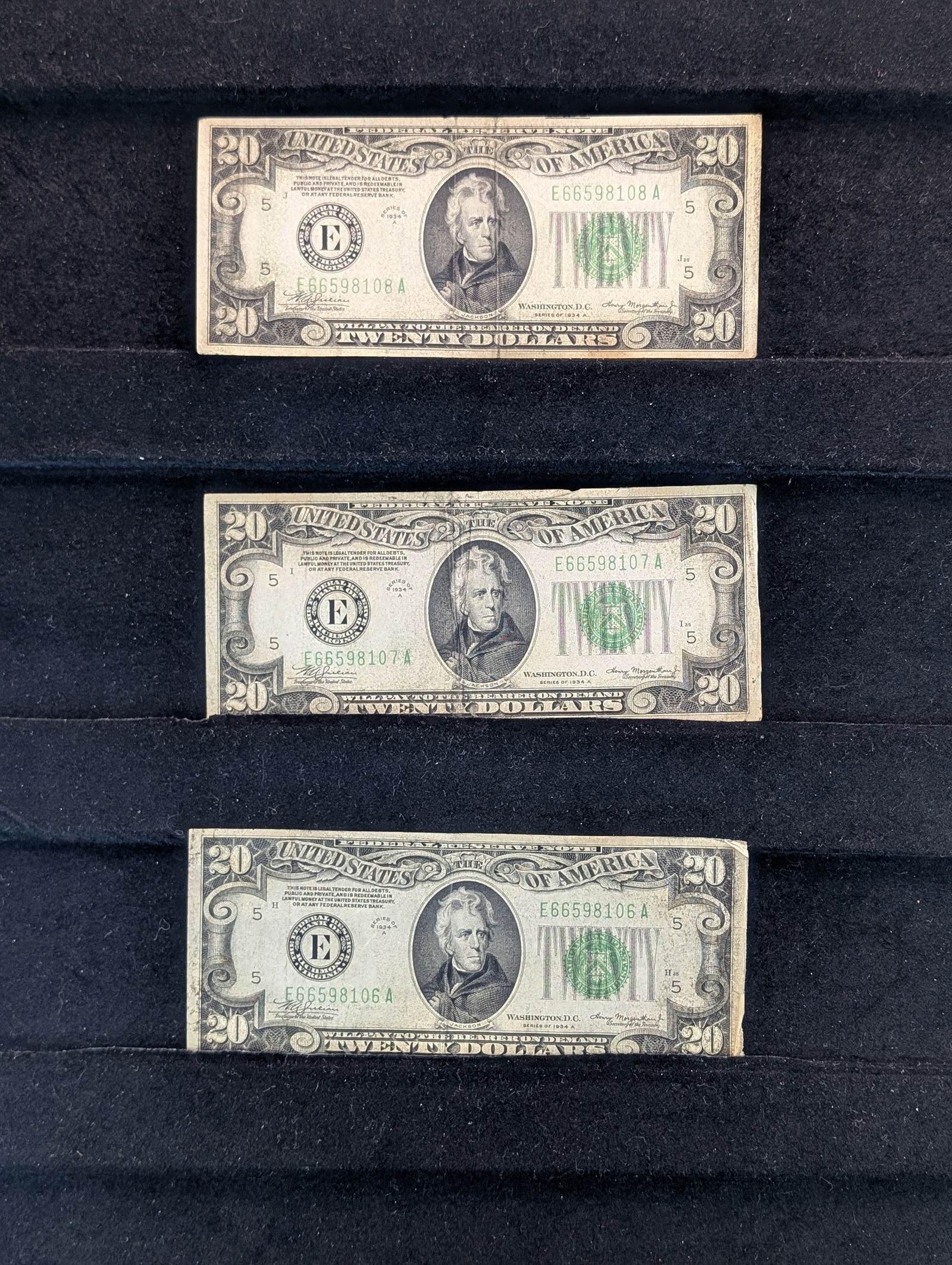 ERROR- Solvent Smear- 3-Consecutive notes- 1934-A- $ 20.00- # 2054-A- Boston- VF? (1 of 2)