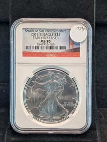 2011 (S) Gem Brilliant Uncirculated Silver American Eagle Early Release Graded MS70 By NGC Grading