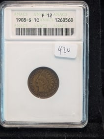 1908-S Key Date Indian Cent ANACS F12. Nice coin for the grade too. Books at $150?