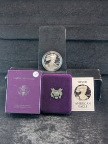 1986-S Proof American Silver Eagle First Year, Key Date, 999 Fine Silver One Troy Ounce in OGB & COA