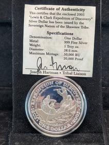 2005 Proof Lewis & Clark 999 Fine Silver One Troy Ounce Dollar, Issued by the Sovereign Nation of