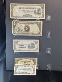 1943 Japan 5, 10, 50 Centavos And 1, 10 Pesos Philippines WWII Military Invasion Currency. 5 Notes.