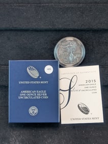2015-W UNCIRCULATED American Silver Eagle, .999 Fine Silver One Troy Ounce in OGB & COA