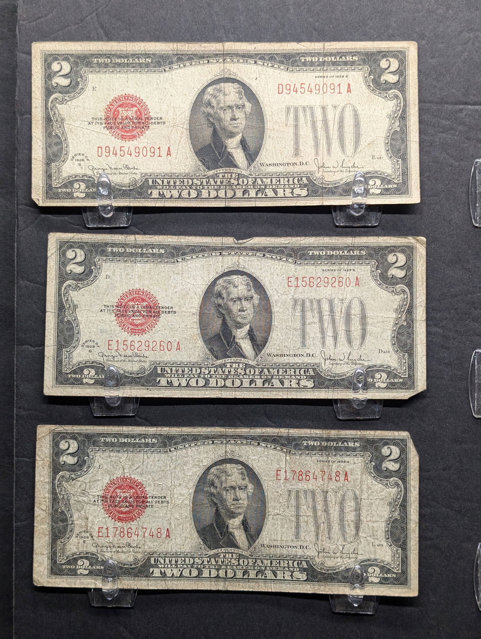 Lot of Three 1928 G Series $2.00 RED SEAL Banknotes *Average Circ* (1 of 3)