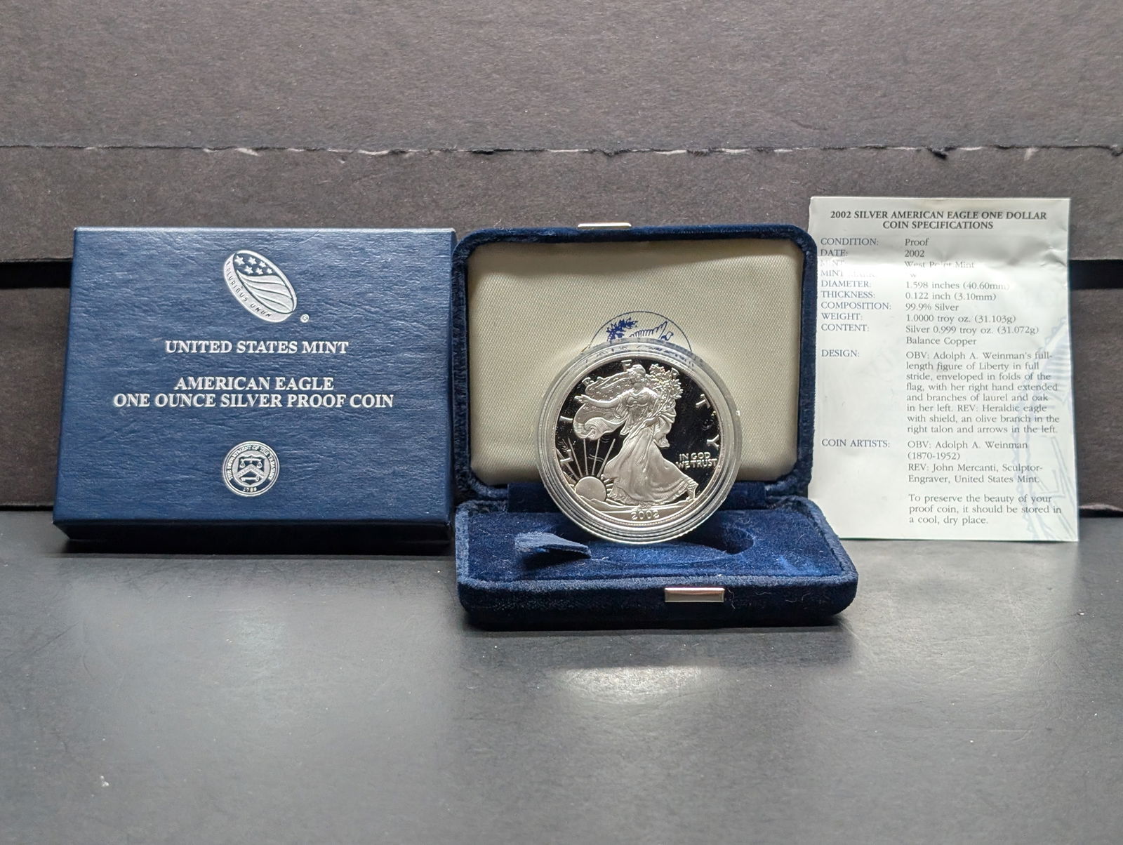 2002-W American Silver Eagle Proof .999 Fine Silver One Troy Ounce -OGP & COA (1 of 4)