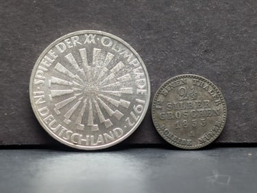 1855-A Prussia 2 1/2 Silbergroschen *FINE - KM463* & 1972-J Germany 10 Silver Deutsche Marks