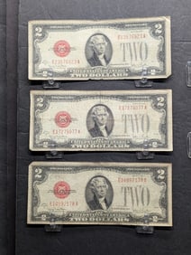 Lot of Three 1928 G Series $2.00 RED SEAL Banknotes *Average Circ*