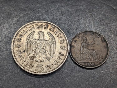 1860 Great Britain Farthing & 1936 Germany 5 Silver Reichsmark