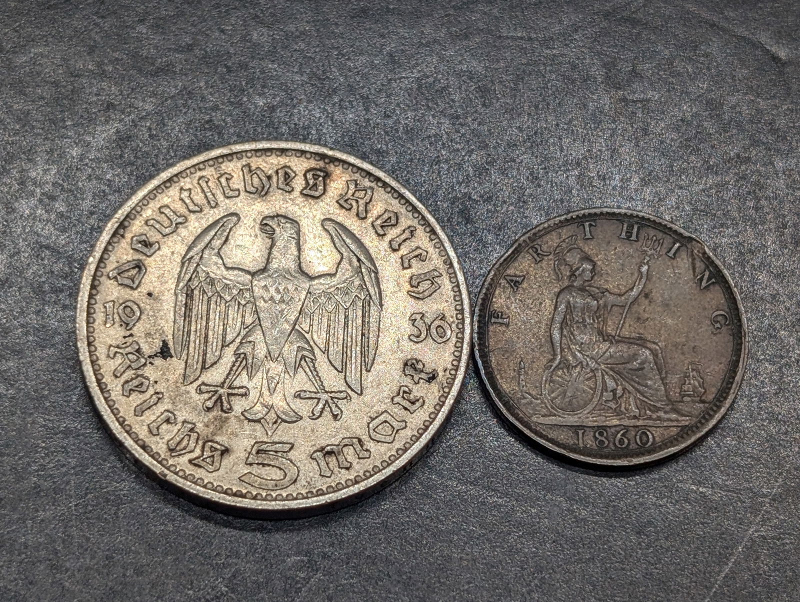 1860 Great Britain Farthing & 1936 Germany 5 Silver Reichsmark (1 of 2)