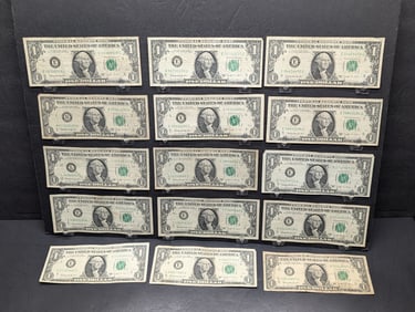 15 1963 -B One Dollar U.S. F.R. Joesph Barr Notes-All notes begin w/one Zero in the S.N.