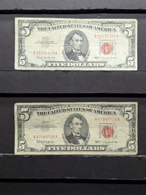 Lot of Two 1963 Series $5.00 RED SEAL Banknotes