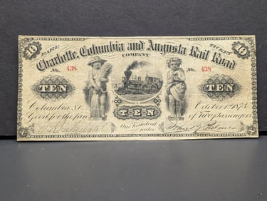 Columbia, South Carolina October 1st, 1873 - Charlotte, Columbia & Augusta Rail Road Company $10.00