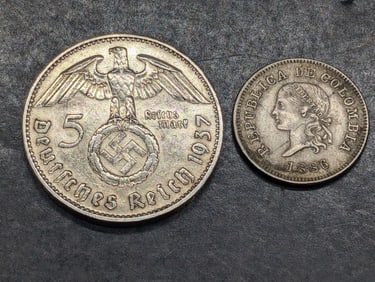 1937 Germany 5 Silver Reichsmark & 1886 Colombia 5 Centavos
