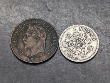 1862-K France 10 Centimes & 1897-EB Sweden 1 Silver Krona (KM760)