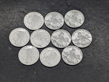 1/10th Troy Oz. Each .999 FINE SILVER 1929 Indian Head Eagle Designed Miniature Rounds (10 PCS)