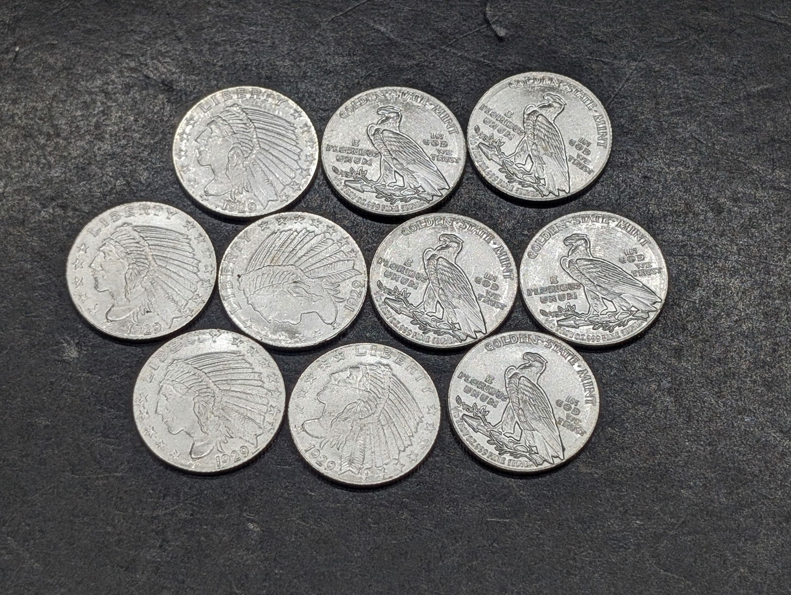 1/10th Troy Oz. Each .999 FINE SILVER 1929 Indian Head Eagle Designed Miniature Rounds (10 PCS) (1 of 3)