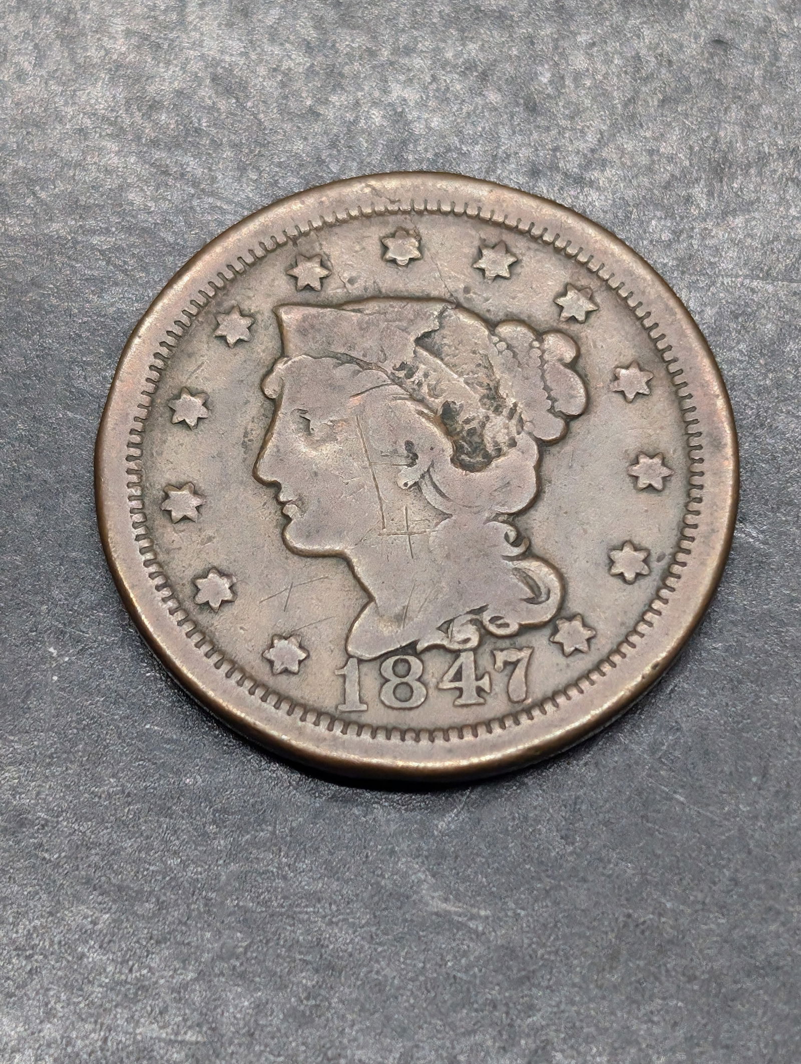 **FINE** 1847 Braided Hair Large Cent (1 of 2)