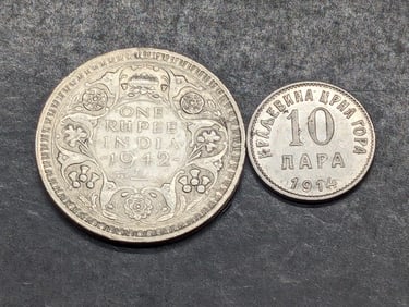 1914 Montenegro 10 Para Coin & 1942 India 1 Rupee Silver Coin