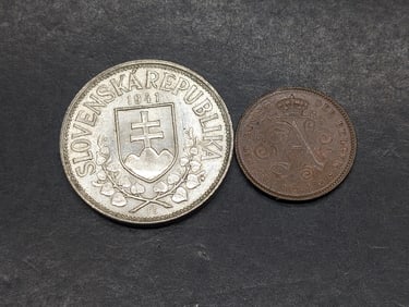 1911 Belgium 2 Centimes *AU58 - KM64* & 1941 Slovakia 20 Silver Korun *AU*