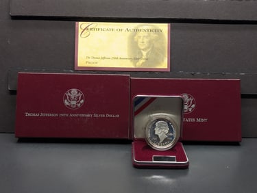 1993-S PROOF Thomas Jefferson 250th Anniv. Commem Silver Dollar in OGP w/ COA