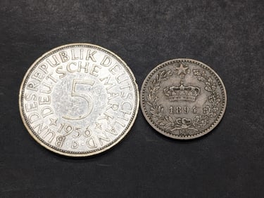 1894-KB Italy 20 Centesimi & 1956-D Germany 5 Silver Deutsche Mark
