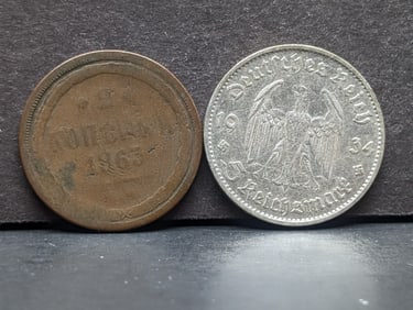 1934-D Germany 5 Silver Reichsmark & 1863 Soviet 2 Kopeks