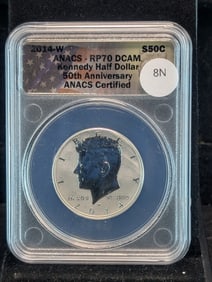 2014-W Reverse Proof Kennedy Half Dollar Graded RP70 DCAM By ANACS Grading Company.