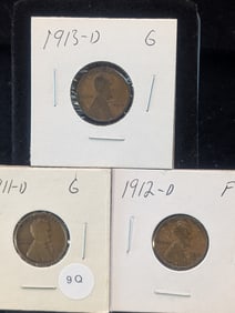 (3) Lincoln Wheat Cents 1911-D, 1912-D, 1913-D