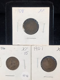 (3) Indian Head Cents 1906, 1907, 1908
