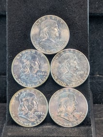 1959-D 1960-D 1961-D 1962-D 1963-D Uncirculated U.S. Franklin Silver Half Dollars.