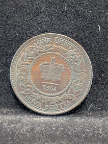 1861 Nova Scotia Uncirculated Red-Brown One Cent. Victoria Portrait.