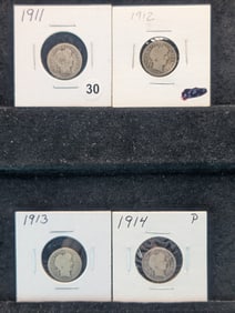 1911 P, 1912 P, 1913 P, 1914 P Barber Dimes