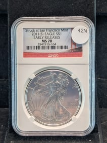 2011 (S) Gem Brilliant Uncirculated Silver American Eagle Early Release Graded MS70 By NGC Grading
