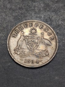 1934 (92.5% Sterling Silver-Great Details) Australian Kangaroo, Three Pence, 91 Years old!