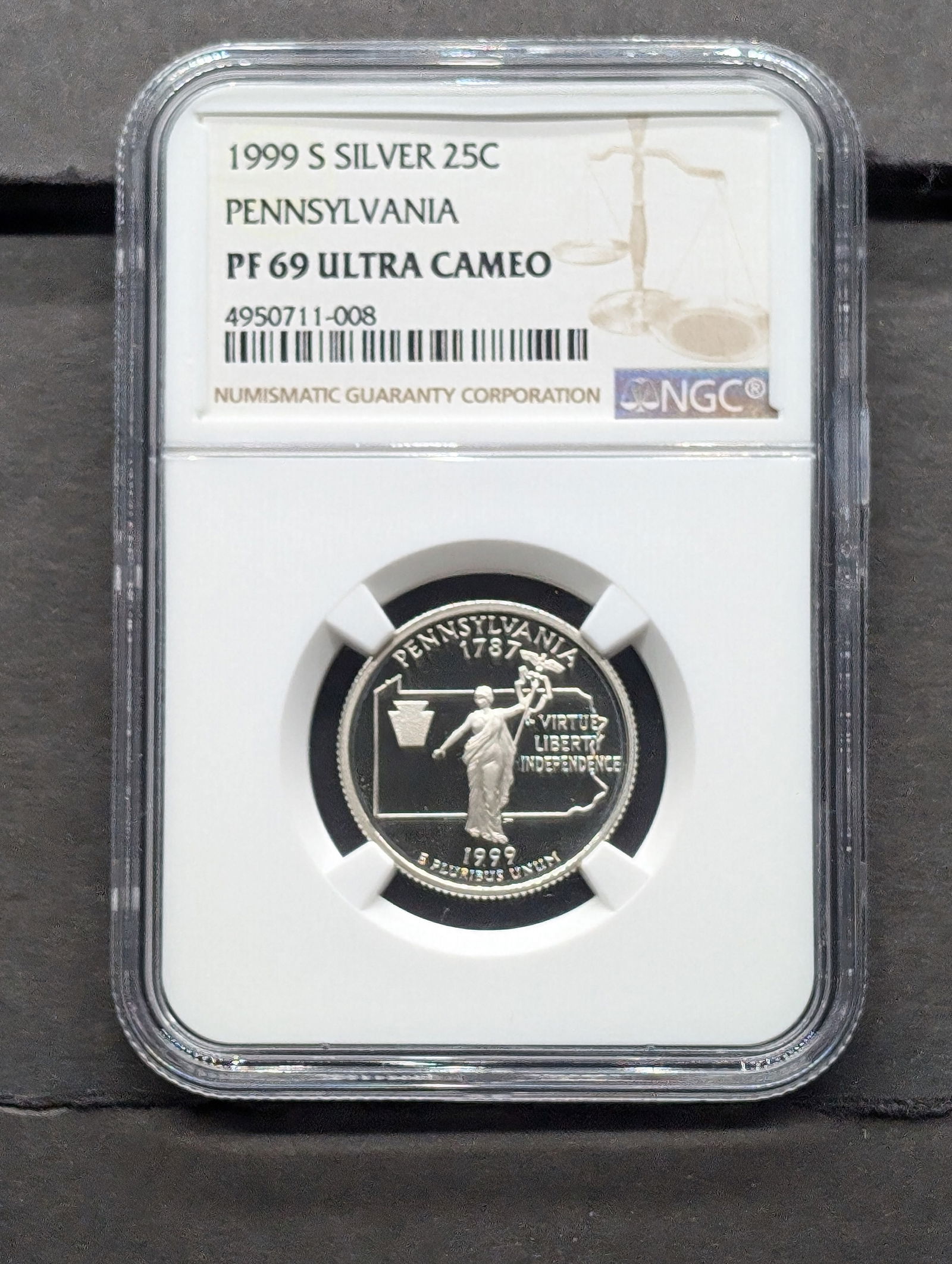 1999-S 90% Silver Proof 69 Ultra Cameo NGC Pennsylvania Washington Statehood Quarter, First Year, (1 of 3)