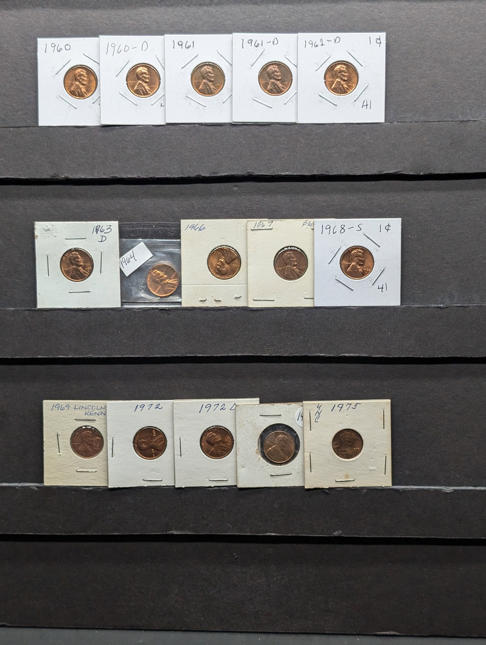 15 Red Uncirculated Lincoln Memorial Cents 1960 P&D, 61 P&D, 62D, 63D,64, 66,67,68-S,69,72 P&D, 73, (1 of 8)