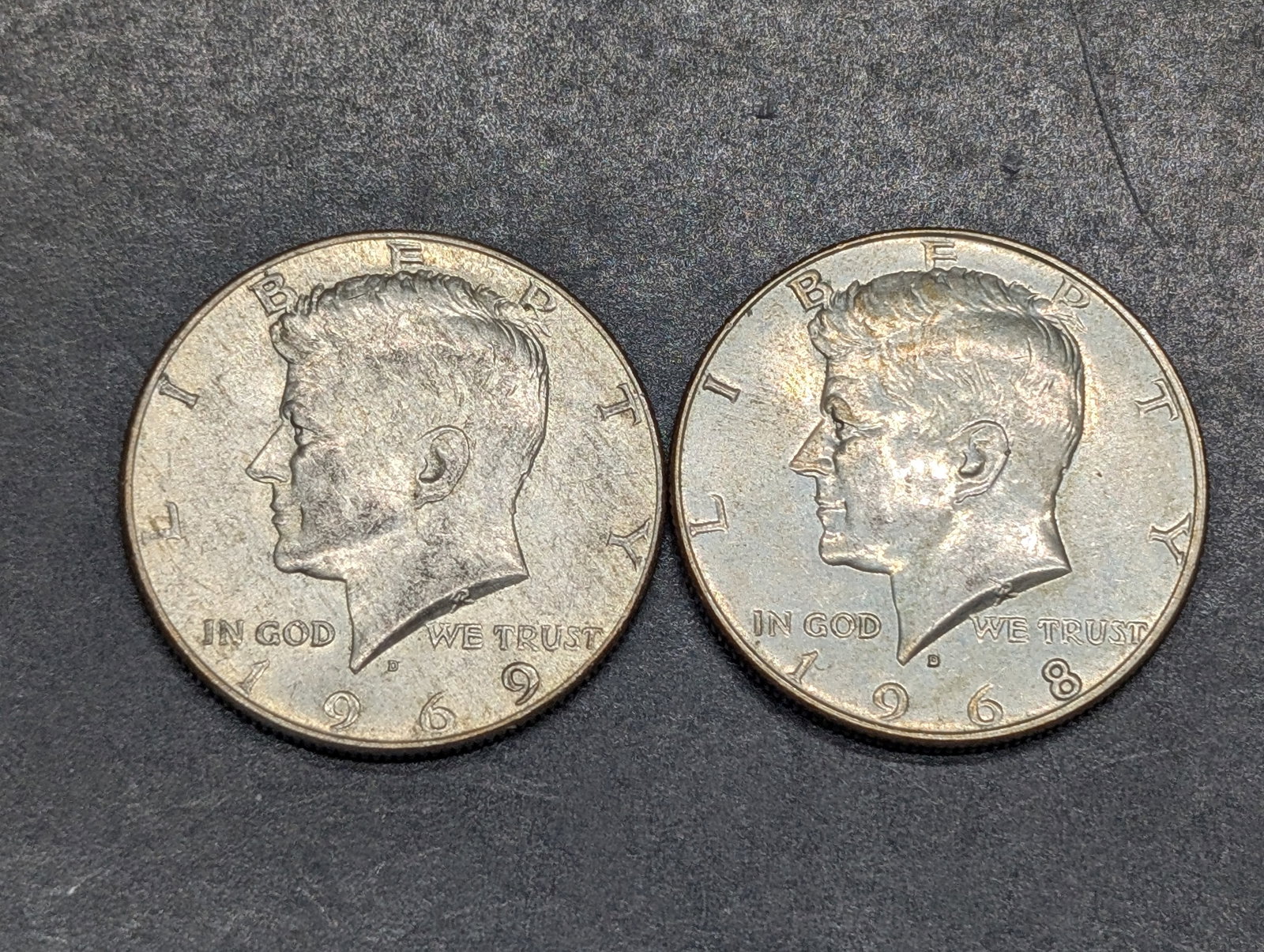 1968-D & 1969-D Kennedy Half Dollars. Each One 40% Silver. (1 of 2)