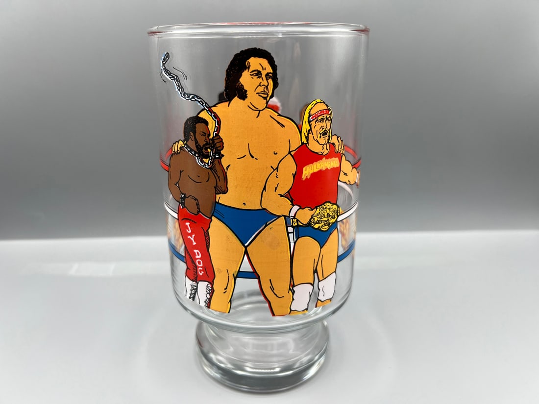 1985 Titan Sports WWF Wrestling All Stars 32 oz. Glass W/ Andre The Giant, Iron Sheik, Hulk Hogan, (1 of 3)