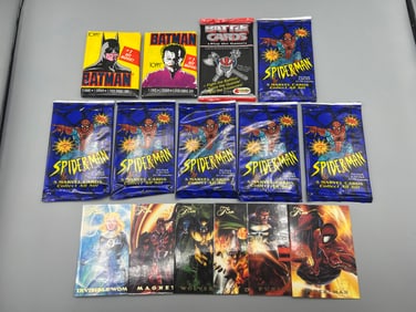 Lot of (9) Assorted 1980s & 90s Non-Sports Trading Card Unopened Wax Packs W/ (6) Marvel Cards -