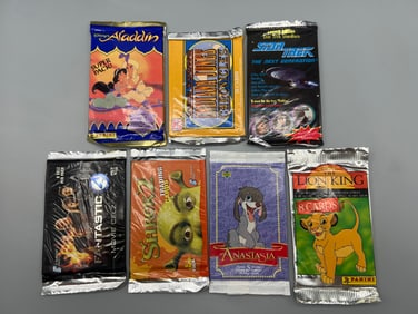 Lot of (7) Assorted Non-Sports Trading Card Unopened Wax Packs - Aladdin, Indiana Jones, Star Trek,