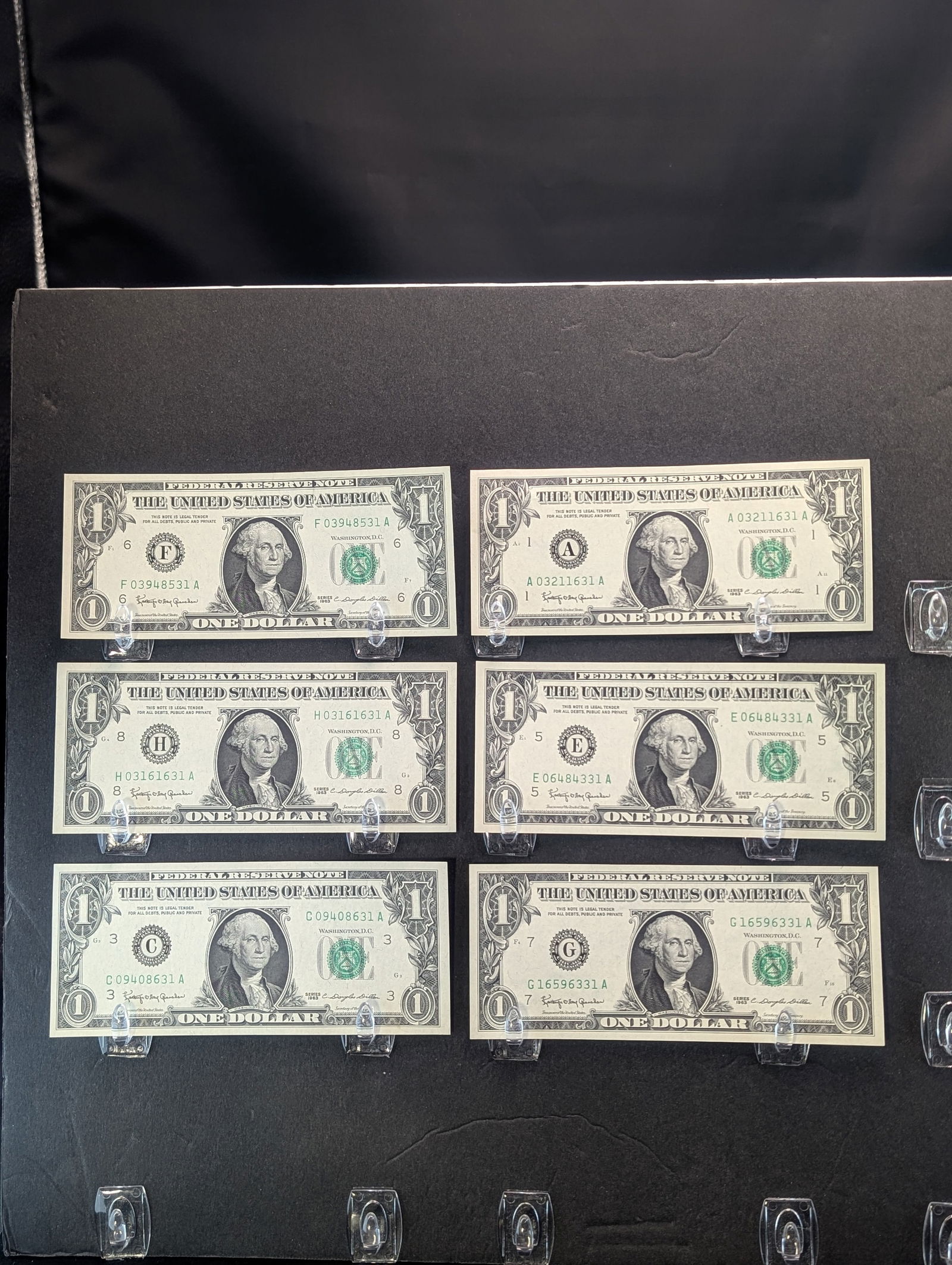 (6) 1963 Crisp One Dollar Federal Reserve Notes - Five Start w/Zero On Serial Number (1 of 2)