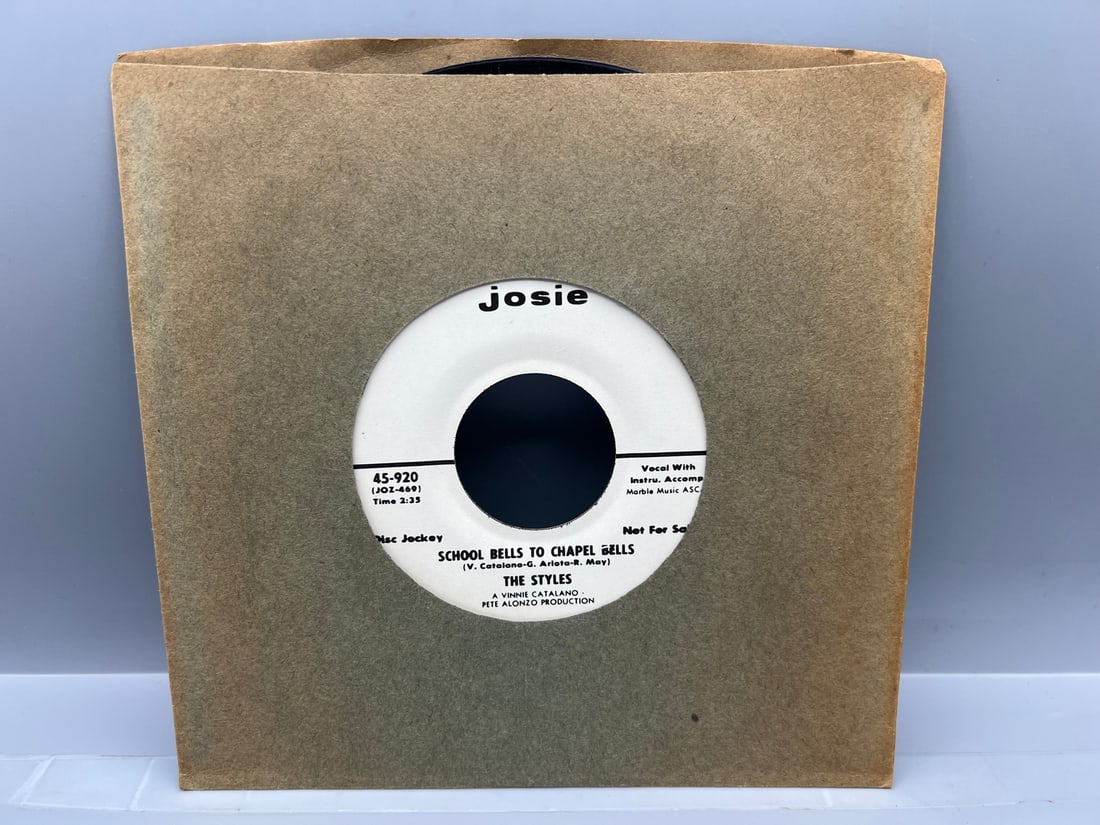1964 The Styles I Love You For Sentimental Reasons/School Bells To Chapel Bells Promo 45 RPM Record: 1964 The Styles I Love You For Sentimental Reasons/School Bells To Chapel Bells Promo 45 RPM Record - 45-920 - Records have not been tested by the auction house for play quality. All items are sold as