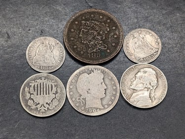 Six Vintage U.S. Coins, 1904-O Barber Quarter, 1853 & 1873 Dimes, 1853 Large Cent, 1867 Nickel, &