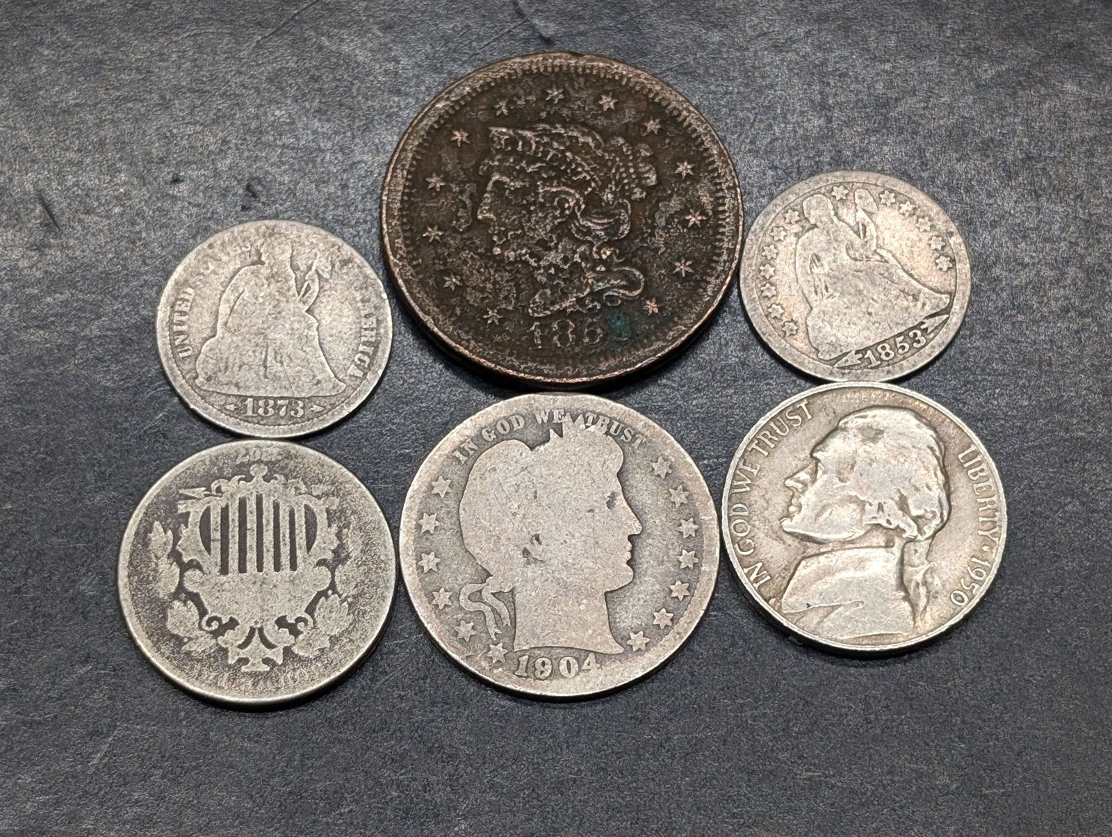 Six Vintage U.S. Coins, 1904-O Barber Quarter, 1853 & 1873 Dimes, 1853 Large Cent, 1867 Nickel, & (1 of 4)