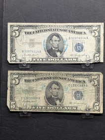Lot of Two 1953 Series $5.00 Silver Certificates *AVERAGE CIRC*