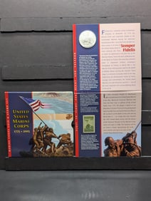2005-P UNC Marine Corps Commem Silver Dollar & Iwo Jima Commem Stamp Set in OGP w/ COA